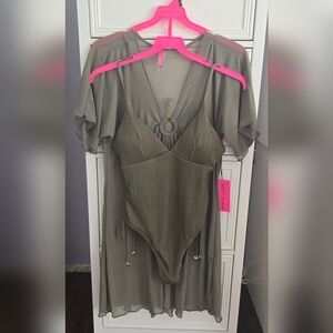 Betsey Johnson Olive Green Swimsuit and Kimono Coverup Size M NWT